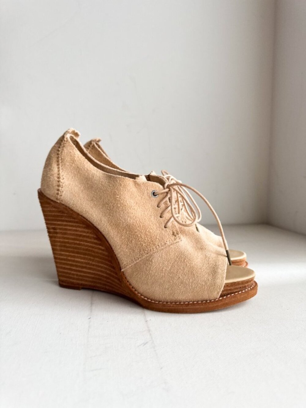 Rag and Bone Suede Peep Toe Light Beige Wedge Booties